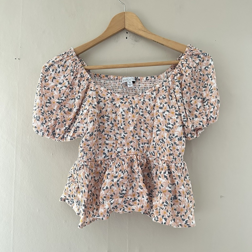Patrons of Peace Womens Smocked Puff Crop Top Size XS Floral Coquette Peasant